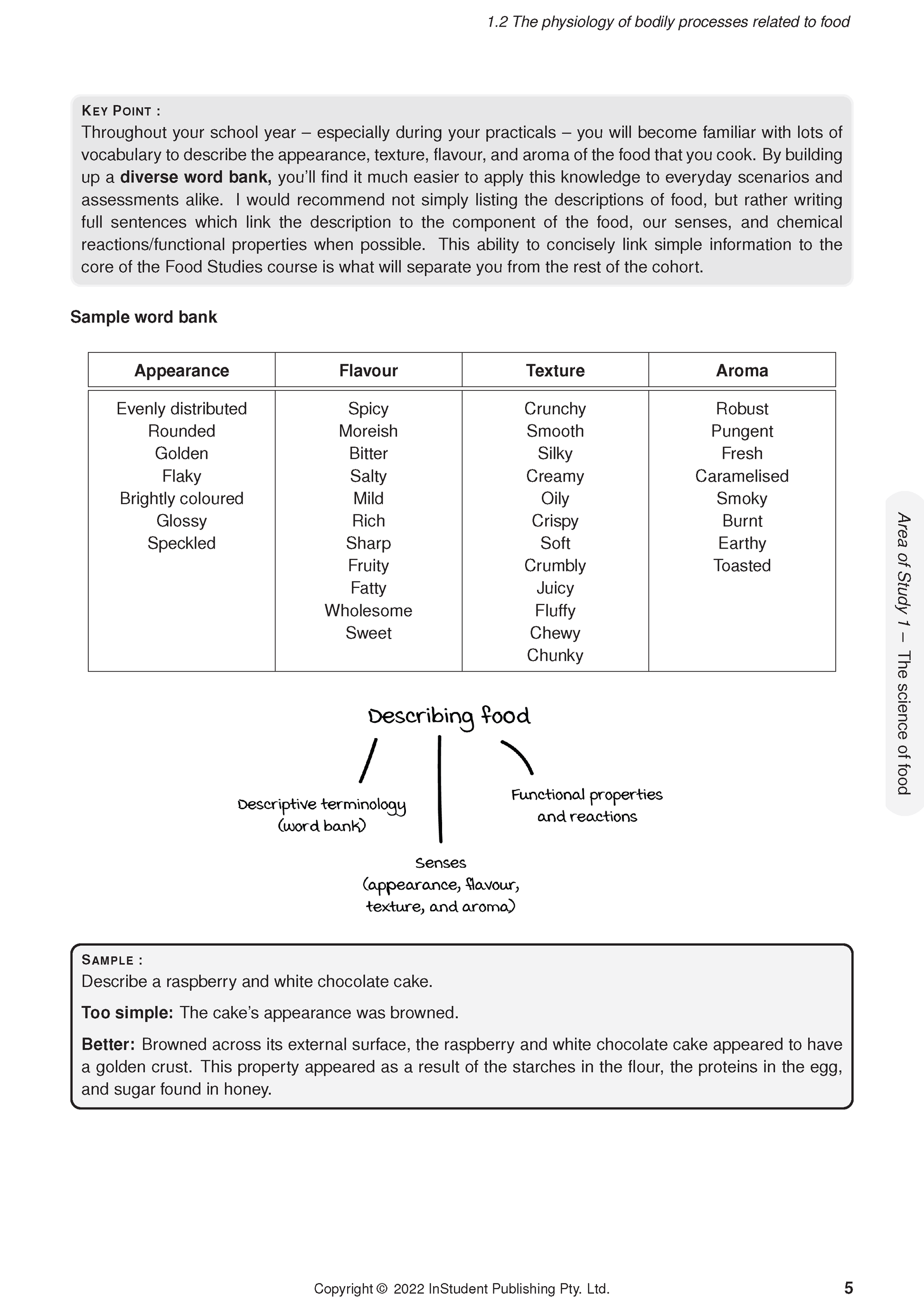 White course notes page by ATAR Notes with a food description word bank table and diagram.
