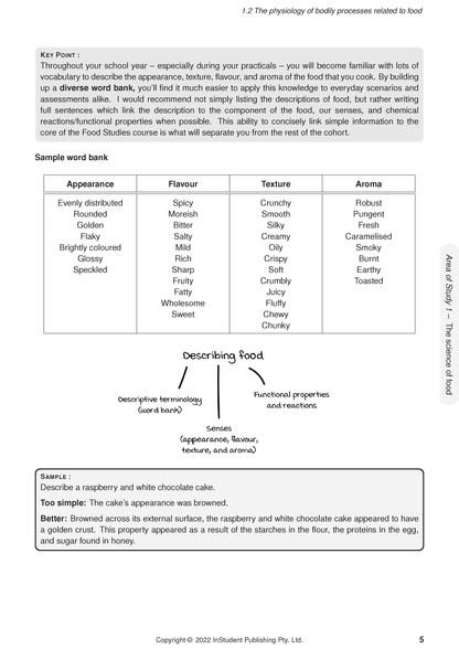 White course notes page by ATAR Notes with a food description word bank table and diagram.