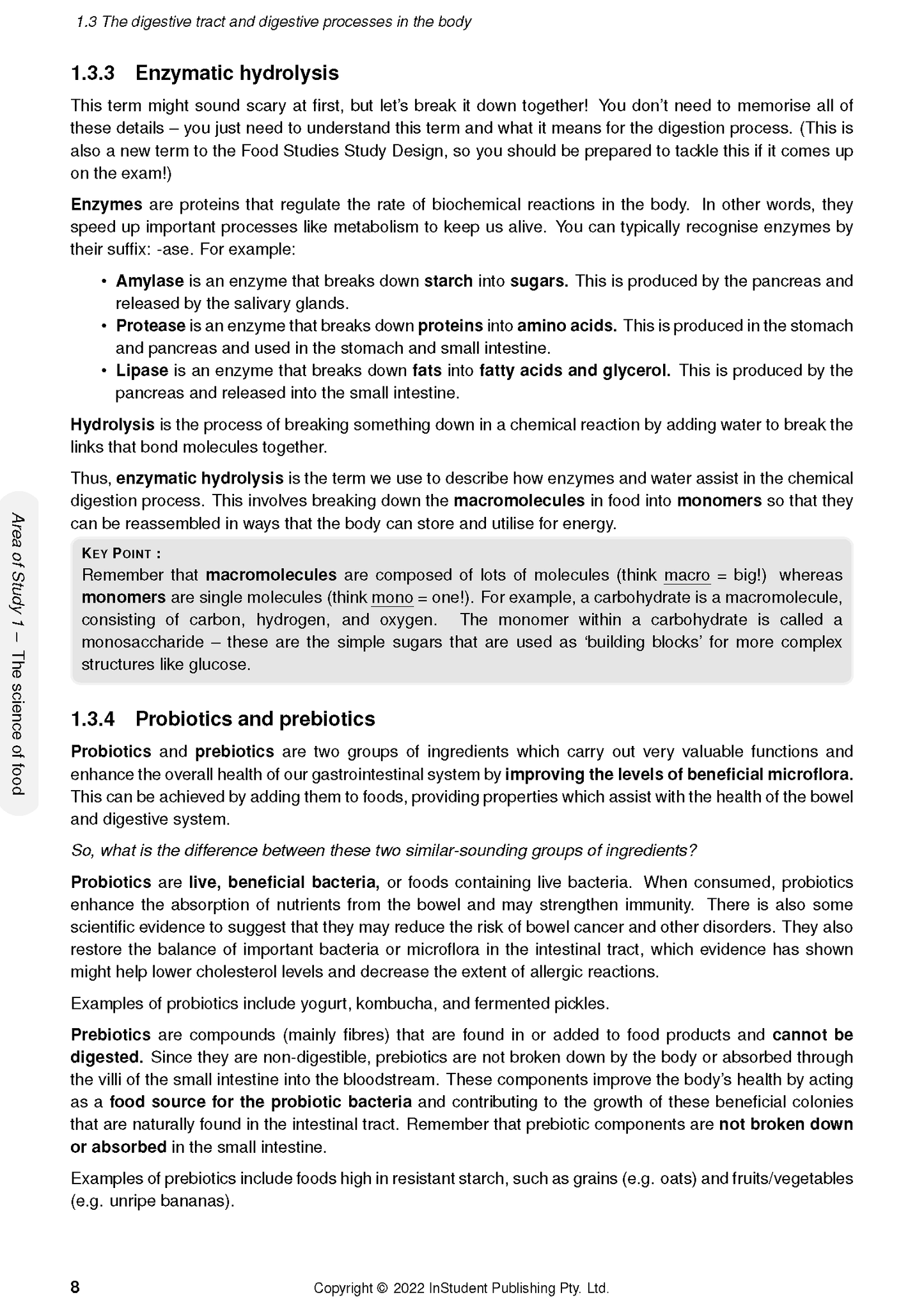 Course Notes for VCE Food Studies by ATAR Notes, displaying page 8 with content on enzymatic hydrolysis and probiotics.
