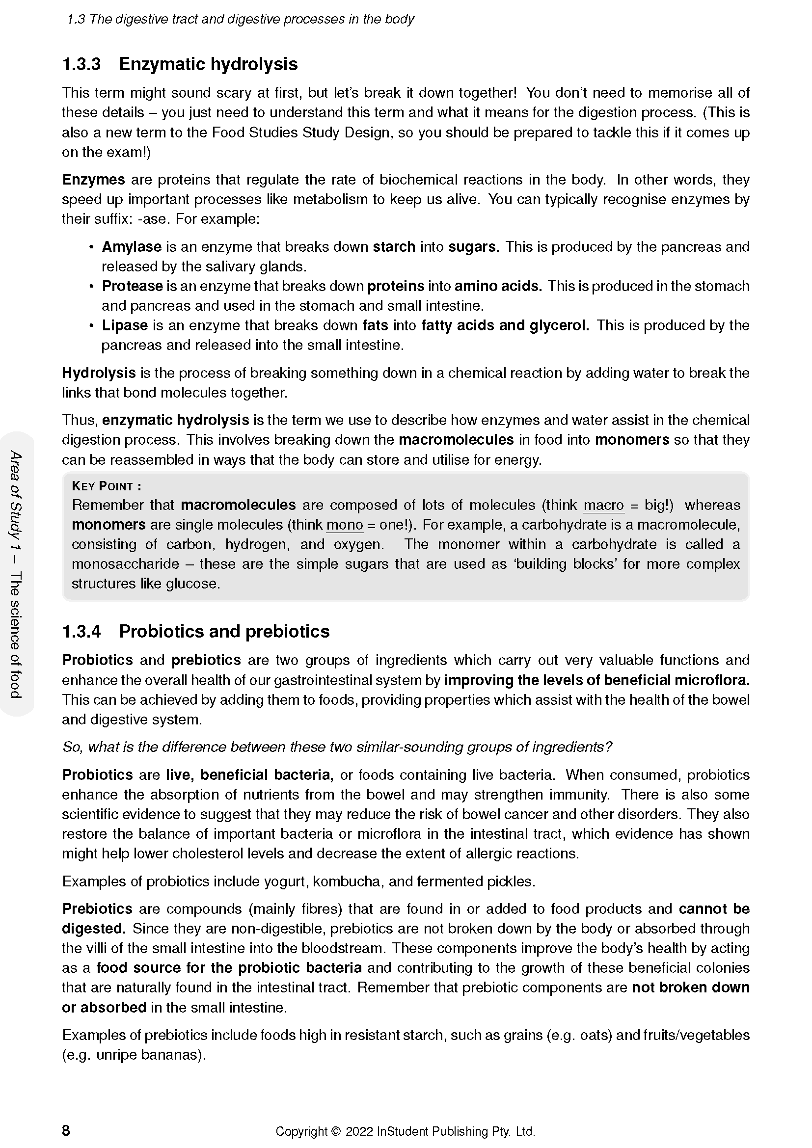 Course Notes for VCE Food Studies by ATAR Notes, displaying page 8 with content on enzymatic hydrolysis and probiotics.
