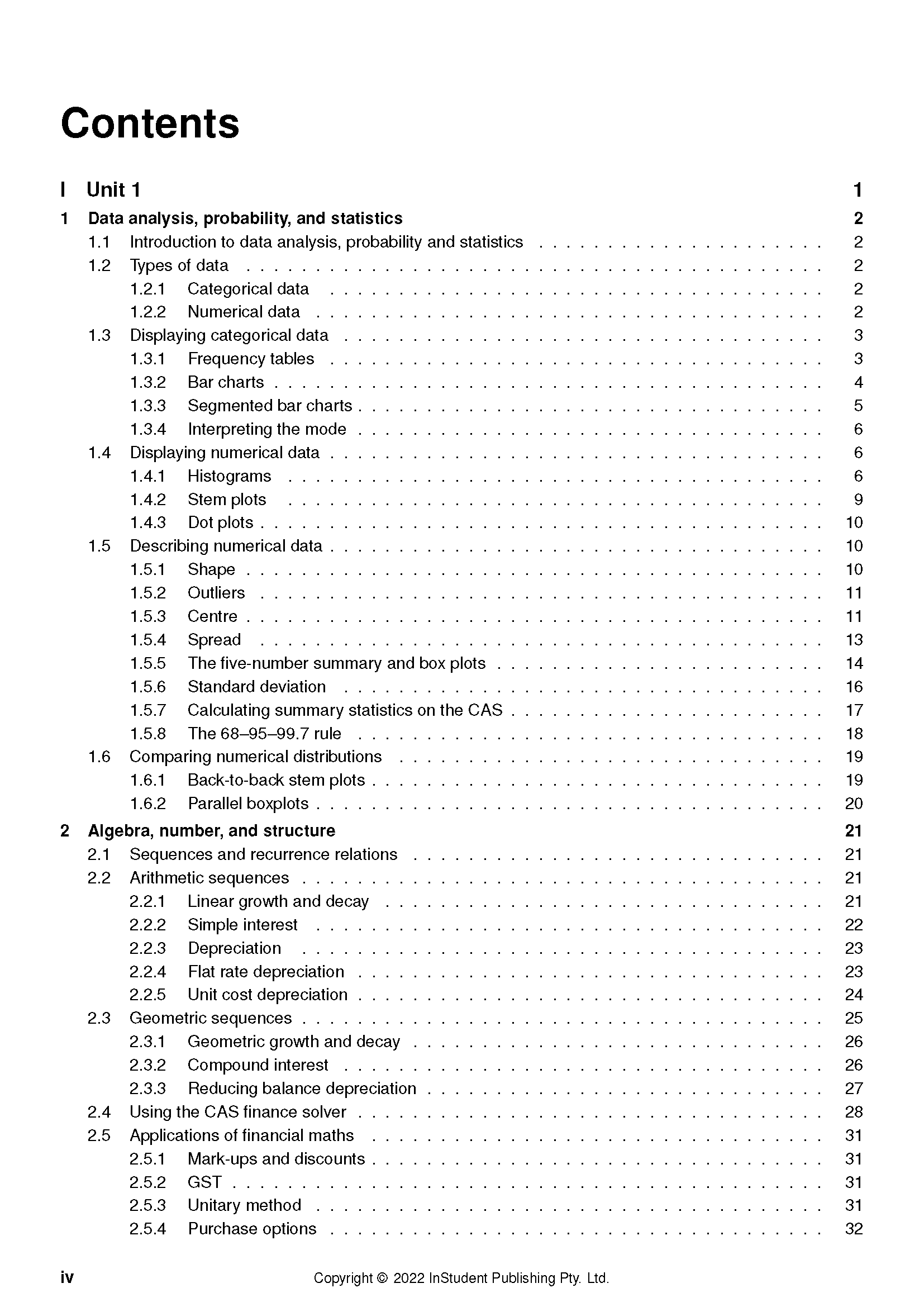 VCE General Maths Course Notes by ATAR Notes, displaying the white table of contents page with black text.