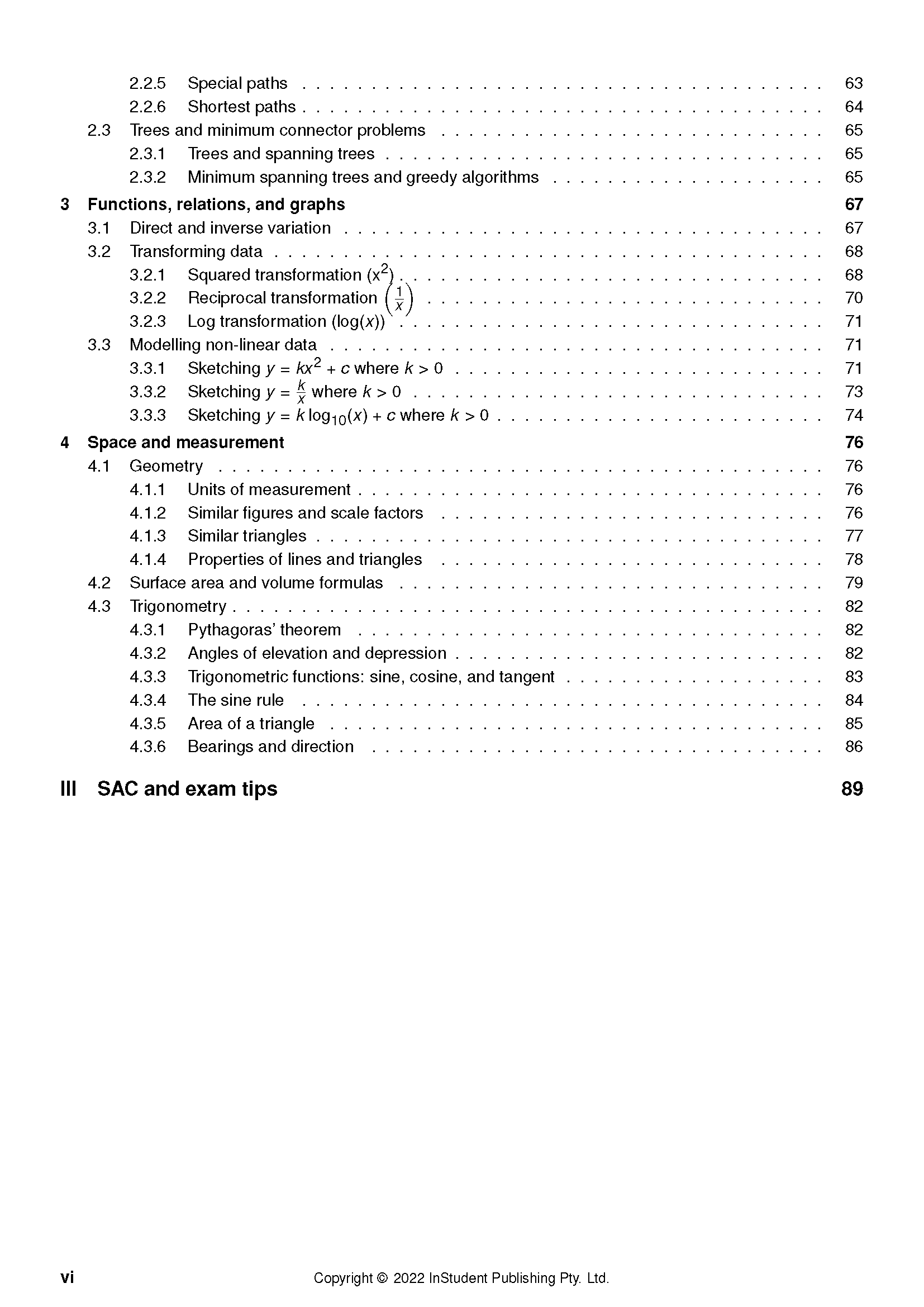 VCE General Maths 1&2 (2024-2026) Course Notes by ATAR Notes, showing a table of contents page.