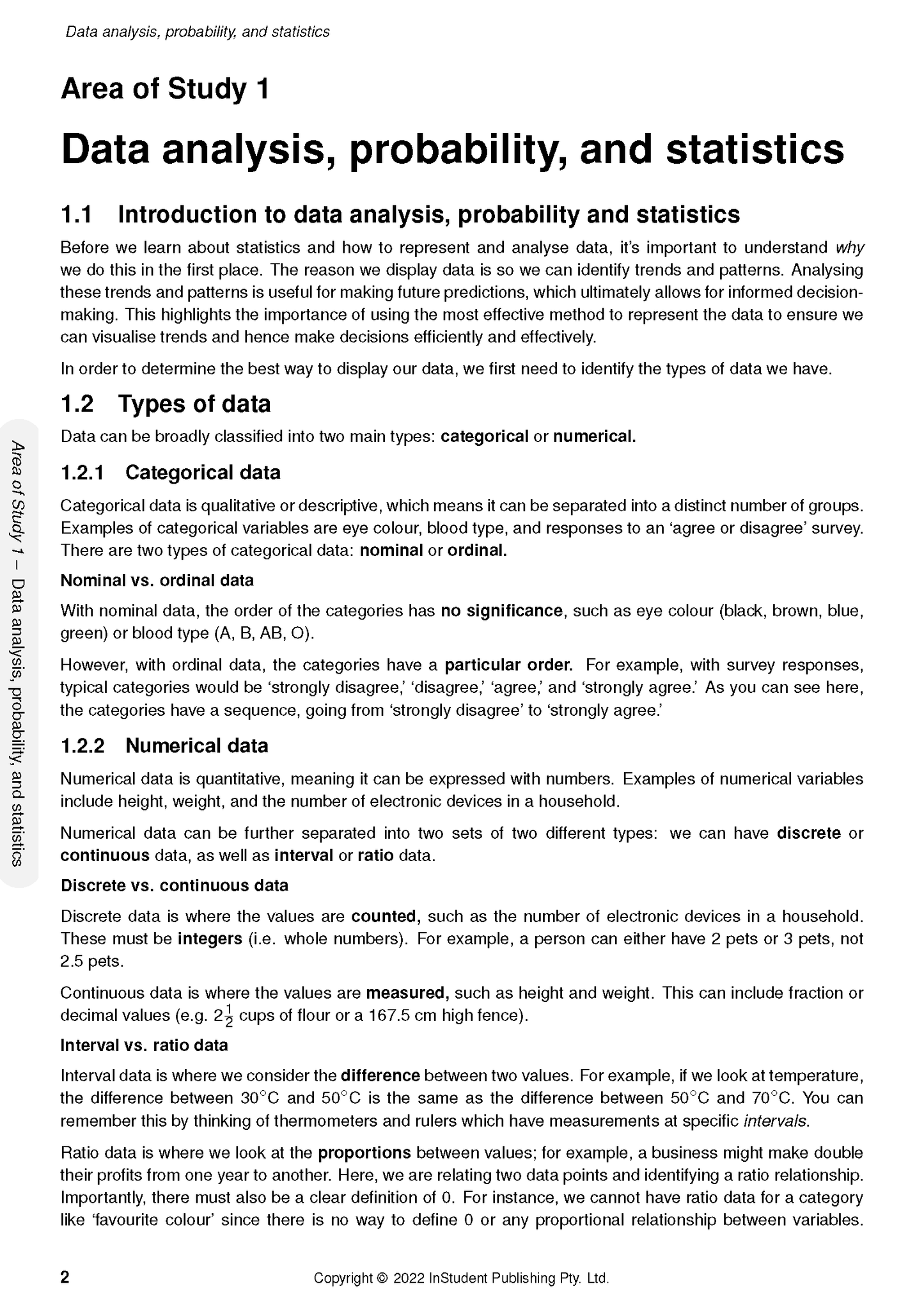 VCE General Maths course notes by ATAR Notes, displaying content on data analysis, probability, and statistics.