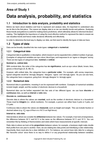 VCE General Maths course notes by ATAR Notes, displaying content on data analysis, probability, and statistics.