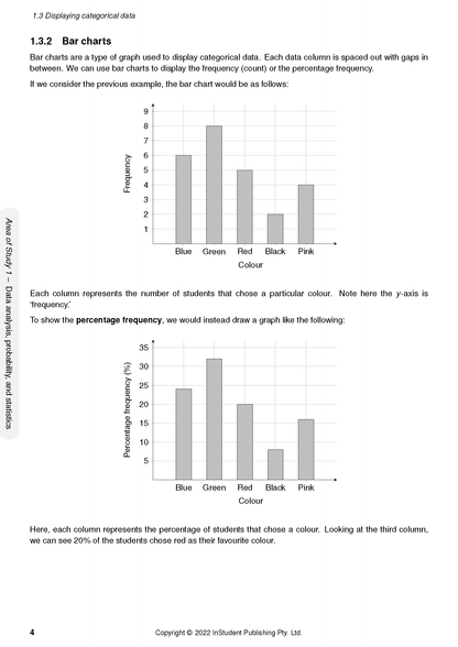 VCE General Maths 1&2 Complete Course Notes (2024-2026) by ATAR Notes, showing bar charts illustrating frequency and percentage frequency of colours on a page.