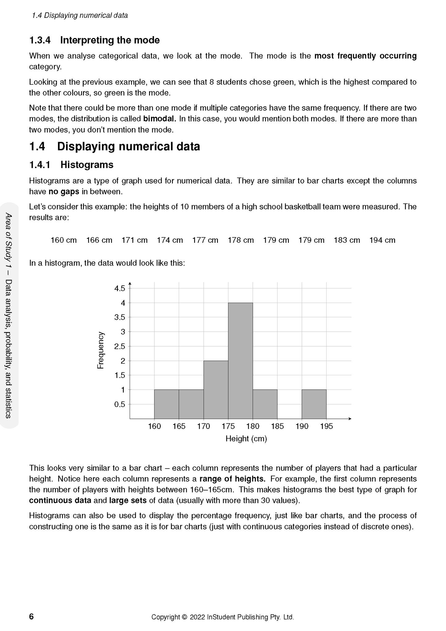 White page of Course Notes by ATAR Notes, showing a histogram graph and text explaining numerical data display.