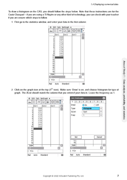 VCE General Maths 1&2 course notes by ATAR Notes, displaying a calculator screen with data entry and histogram settings.