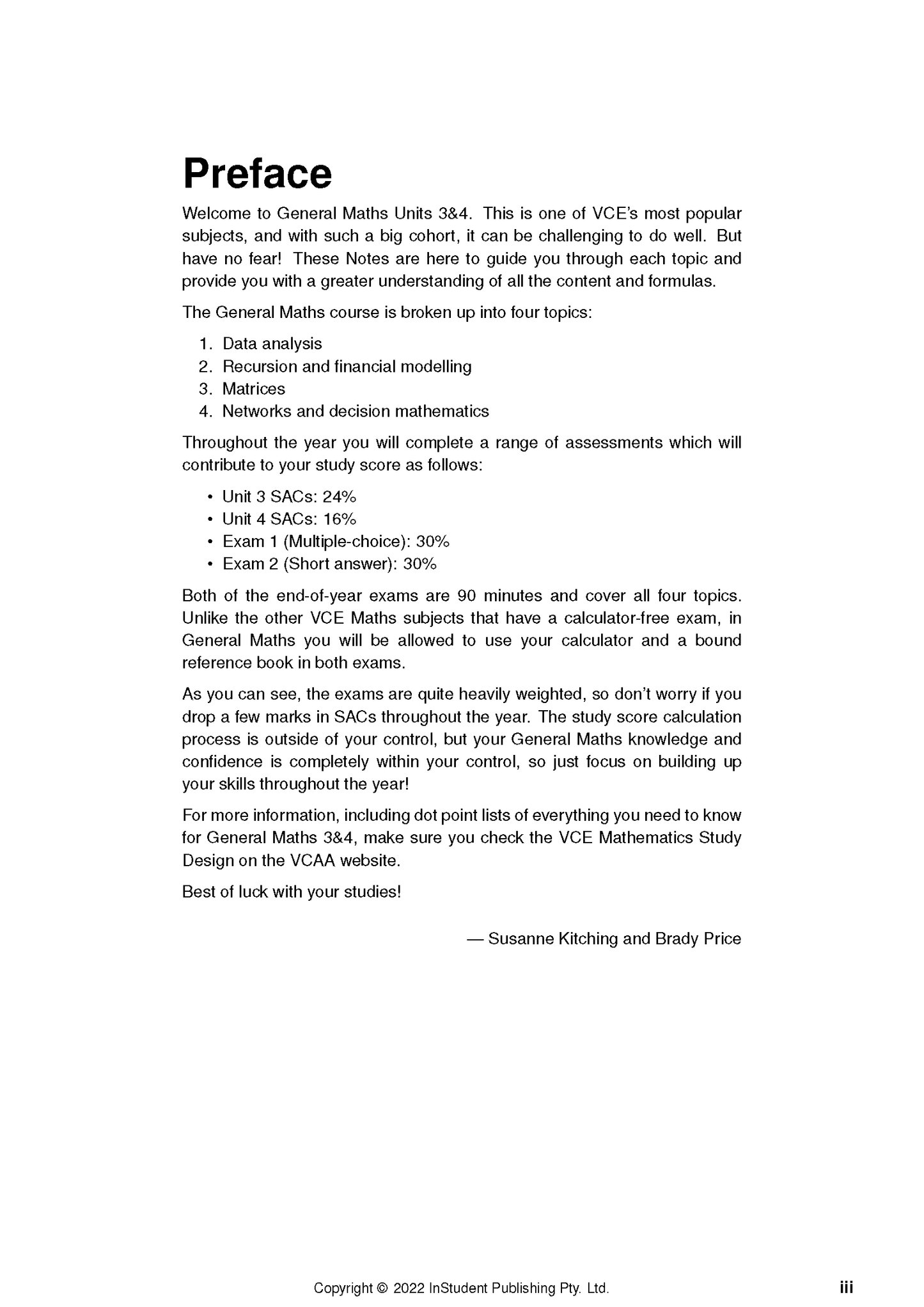 VCE General Maths 3&4 Complete Course Notes by ATAR Notes, displaying the Preface page with course details.