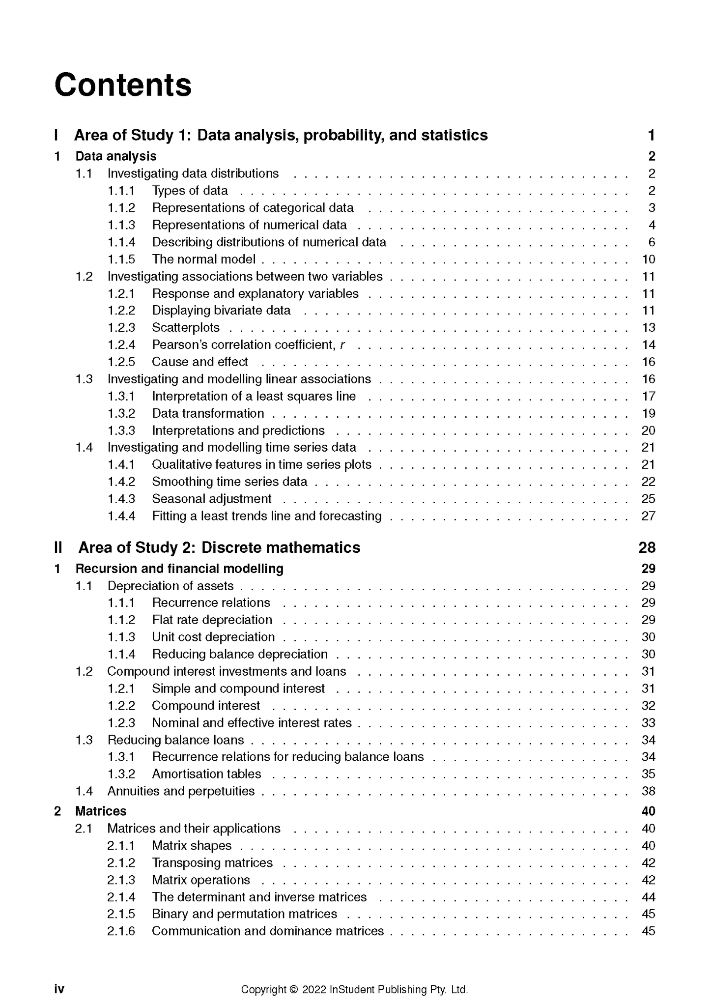 VCE General Maths Complete Course Notes by ATAR Notes, displaying the white table of contents with black text listing two study areas.