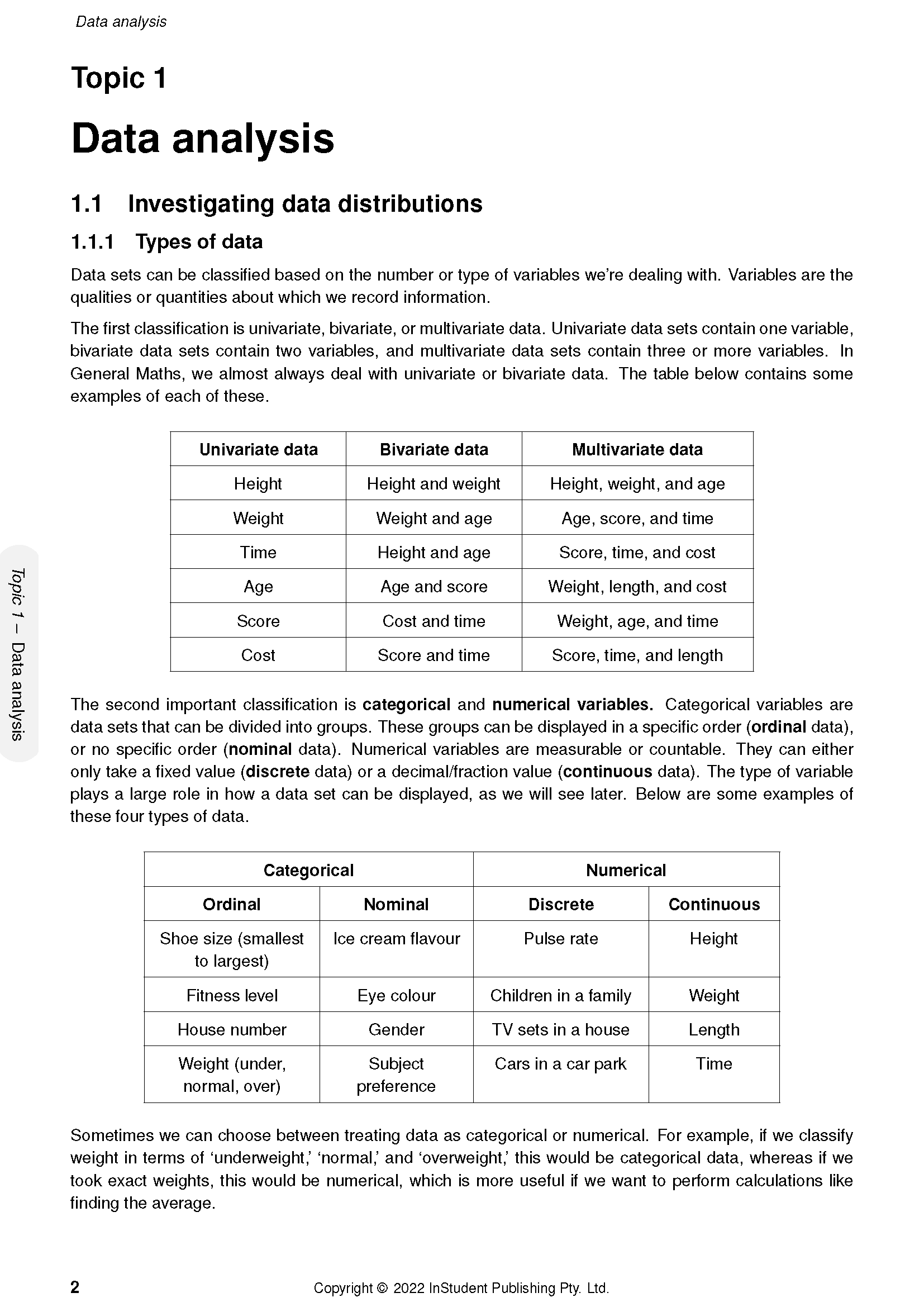 Course notes by ATAR Notes displaying text and two tables classifying data types for analysis.
