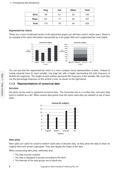 Course Notes for VCE General Maths 3&4 by ATAR Notes, showing a page detailing data distribution concepts with tables and charts.