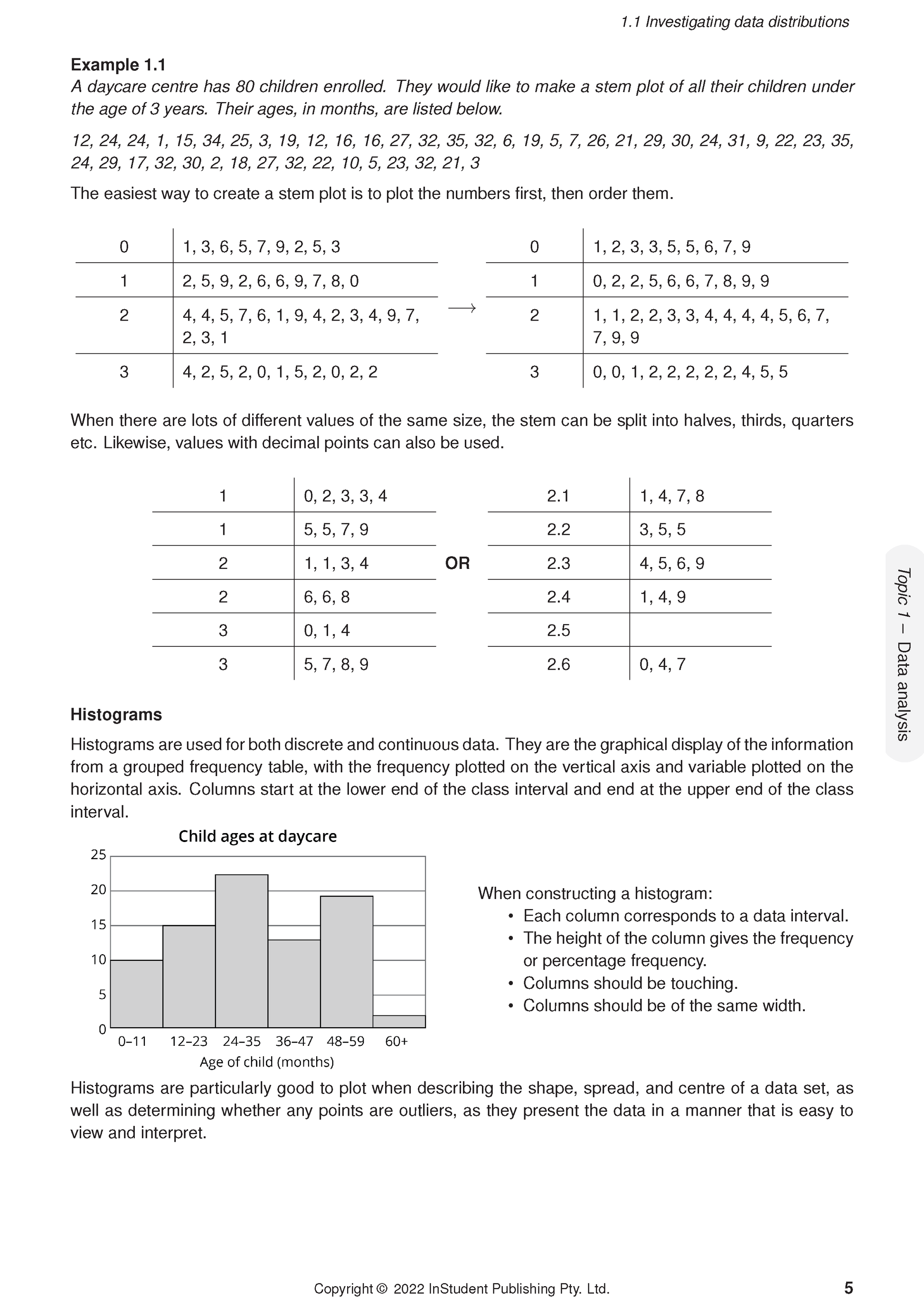 VCE General Maths 3&4 (2024-2026) Course Notes by ATAR Notes, displaying a page on data distributions with stem plots and a histogram.