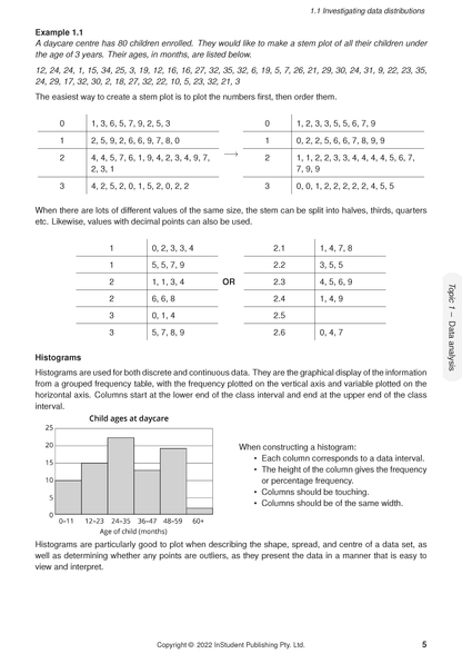 VCE General Maths 3&4 (2024-2026) Course Notes by ATAR Notes, displaying a page on data distributions with stem plots and a histogram.