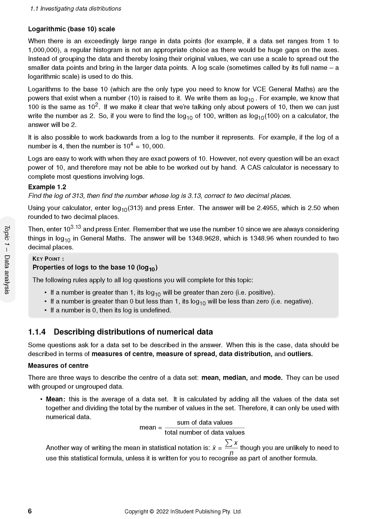 Course notes page by ATAR Notes, displaying mathematical concepts of logarithms and data distribution with formulas and text.
