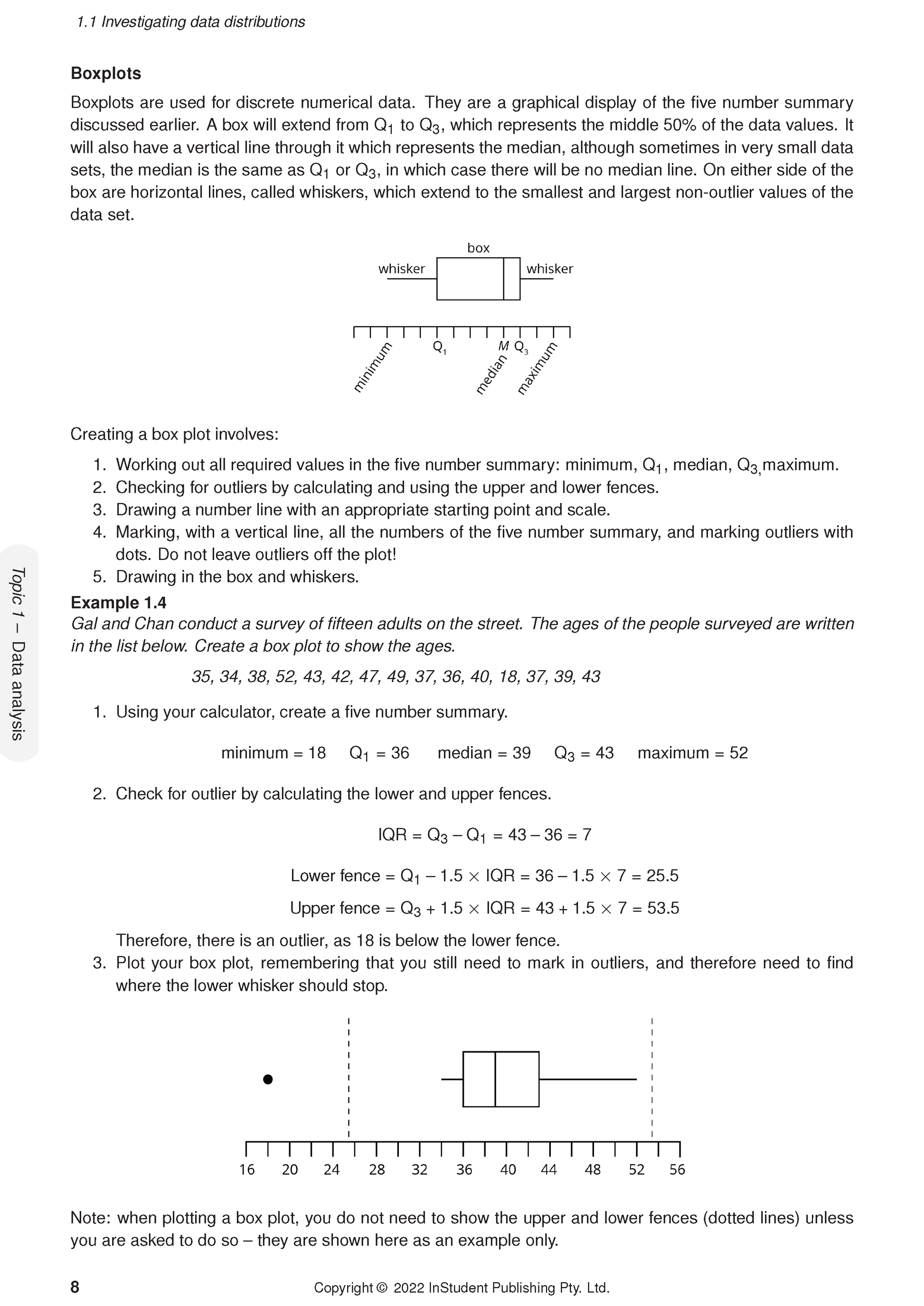 VCE General Maths 3&4 Course Notes by ATAR Notes, showing a page on boxplots with text and graph.