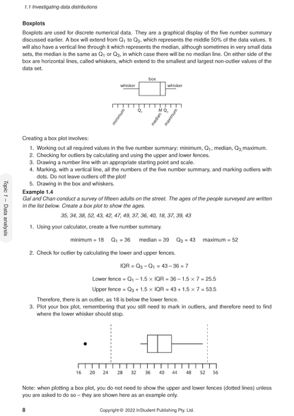 VCE General Maths 3&4 Course Notes by ATAR Notes, showing a page on boxplots with text and graph.