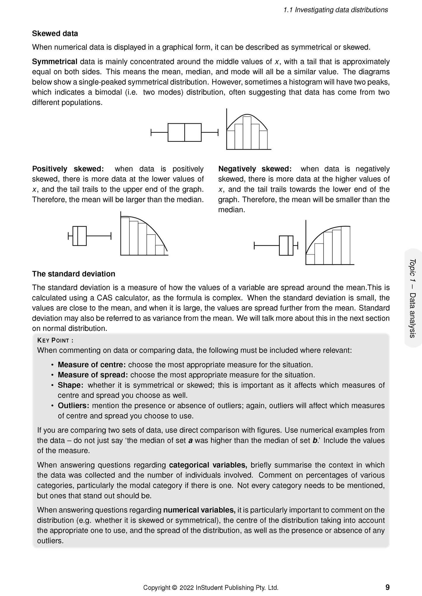 Course notes page by ATAR Notes detailing data distributions, skewed data with diagrams, and standard deviation.