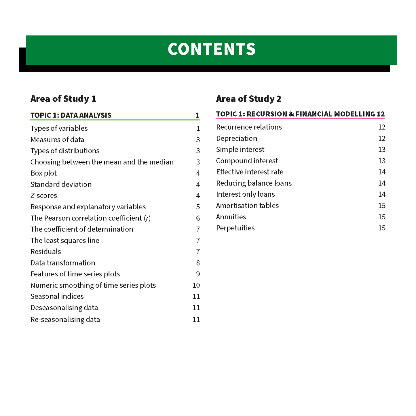 Summary sheets displaying a table of contents by ATAR Notes on white paper with a green header, covering VCE General Maths 3&4.