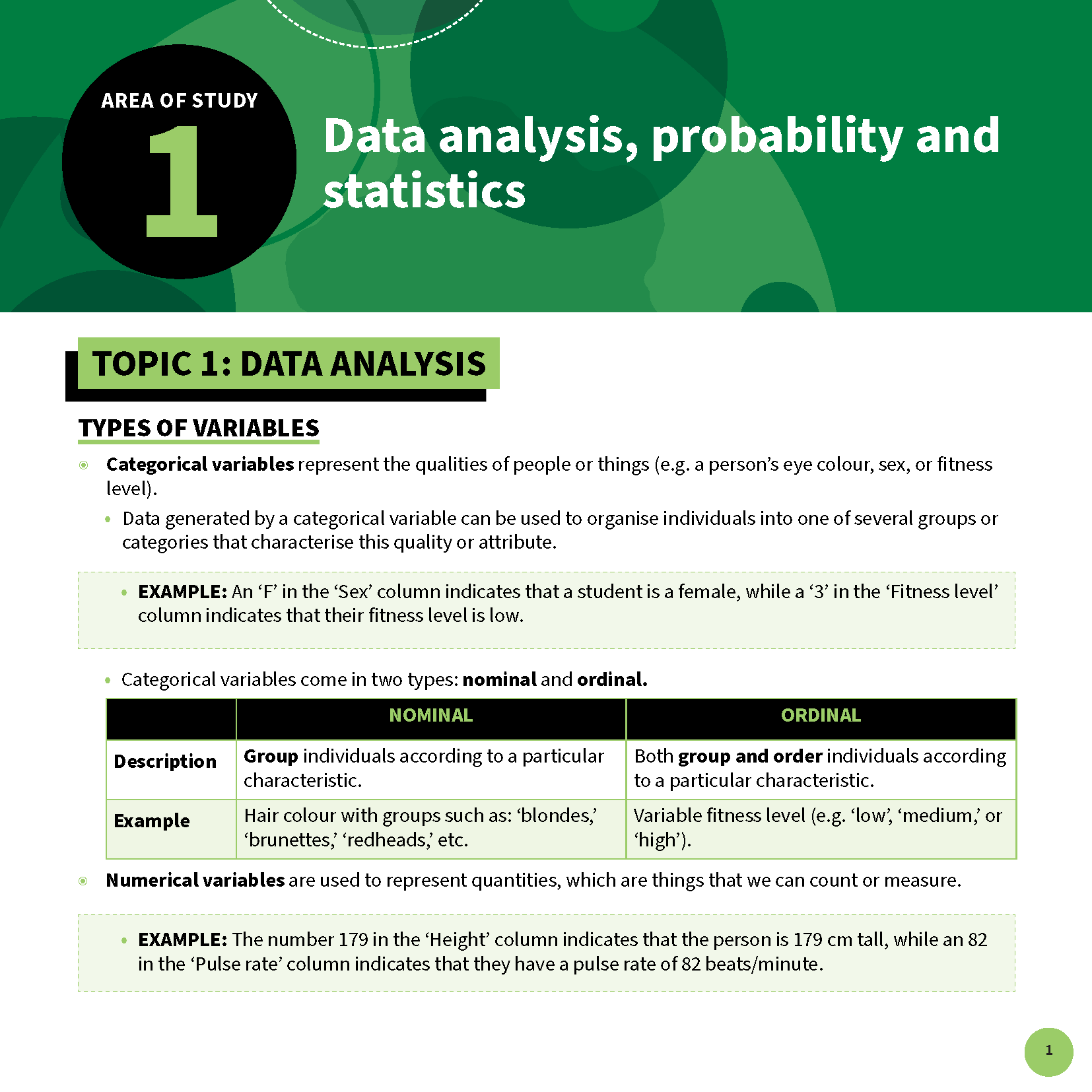 VCE General Maths 3&4 Summary Sheets by ATAR Notes, showing a page on data analysis variables with green and white text.