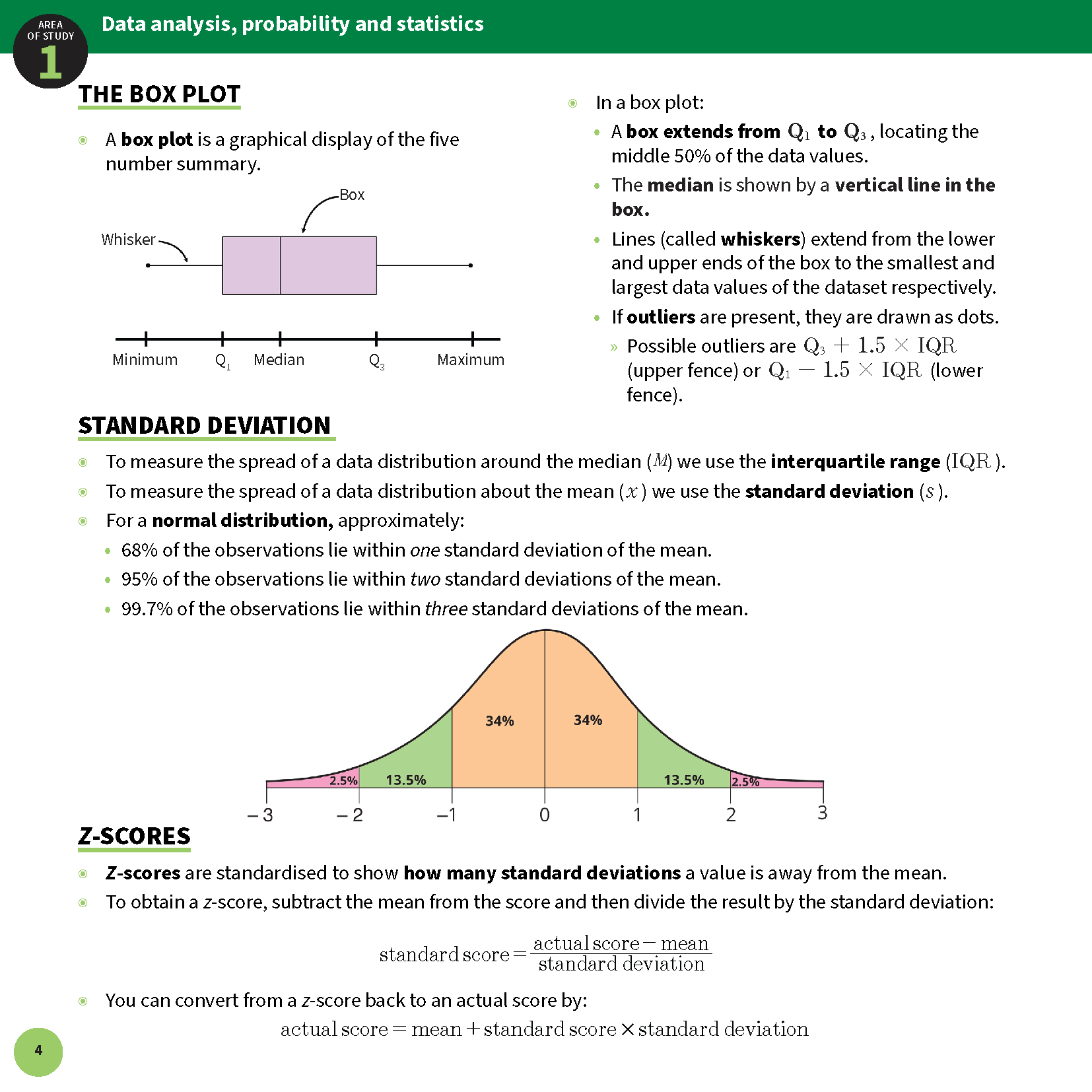 Maths summary sheets by ATAR Notes, displaying box plot, standard deviation, and z-score concepts with diagrams and formulas.
