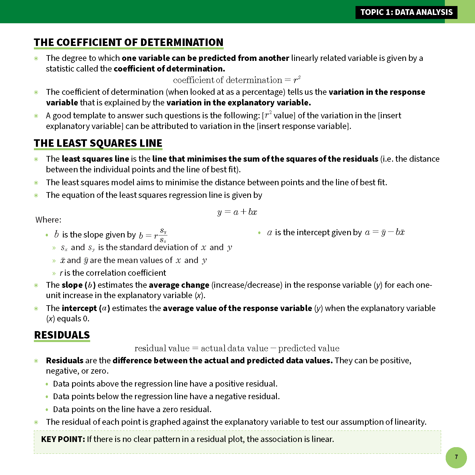 White summary sheet from ATAR Notes about Data Analysis, detailing Coefficient of Determination, Least Squares Line, and Residuals.
