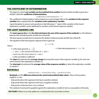 White summary sheet from ATAR Notes about Data Analysis, detailing Coefficient of Determination, Least Squares Line, and Residuals.