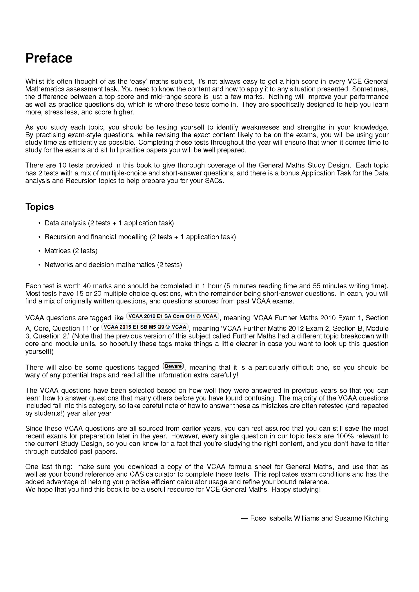 VCE General Maths Topic Tests by ATAR Notes, a white page with black text for the preface and topics.