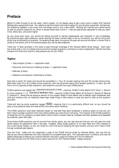 VCE General Maths Topic Tests by ATAR Notes, a white page with black text for the preface and topics.