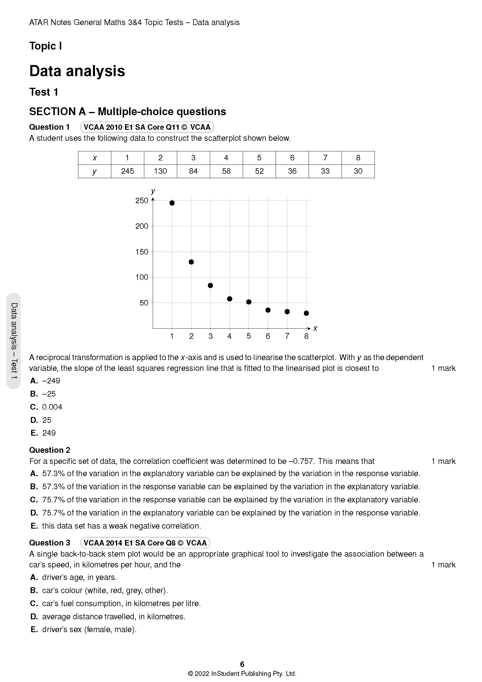 VCE General Maths 3&4 Topic Tests by ATAR Notes, displaying a page with questions, a data table, and a scatterplot graph.