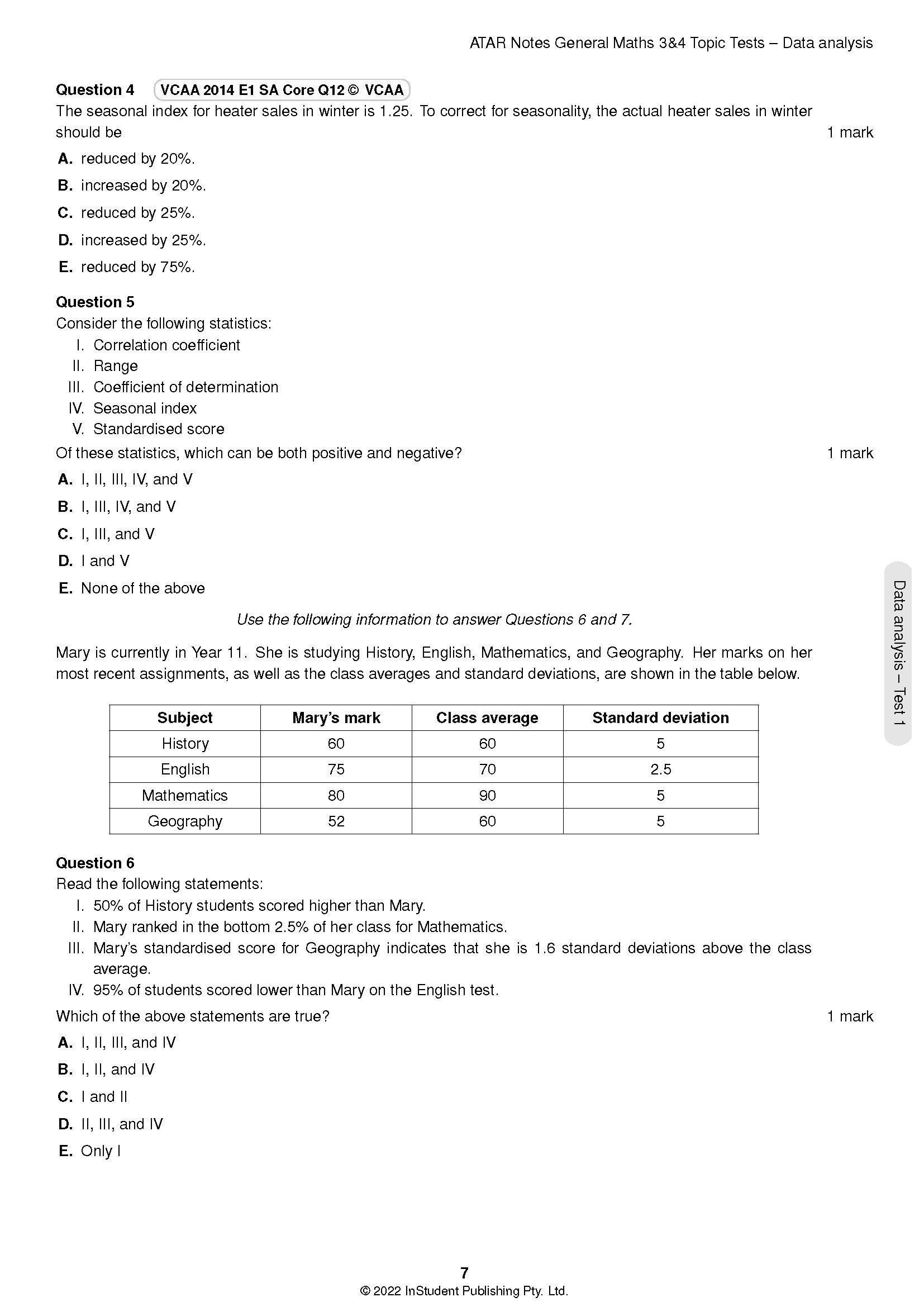 General Mathematics Topic Tests by ATAR Notes, a page showing questions, multiple-choice options, and a data table.