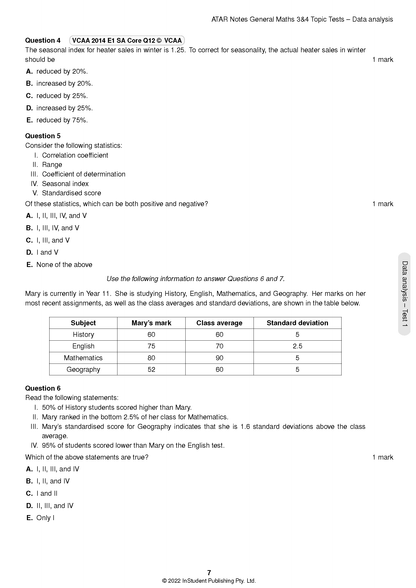 General Mathematics Topic Tests by ATAR Notes, a page showing questions, multiple-choice options, and a data table.