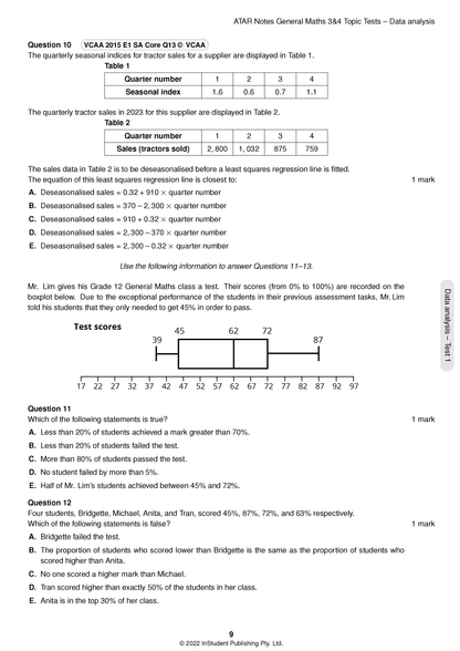 White page of Topic Tests by ATAR Notes showing data analysis questions, tables, and a boxplot graph.