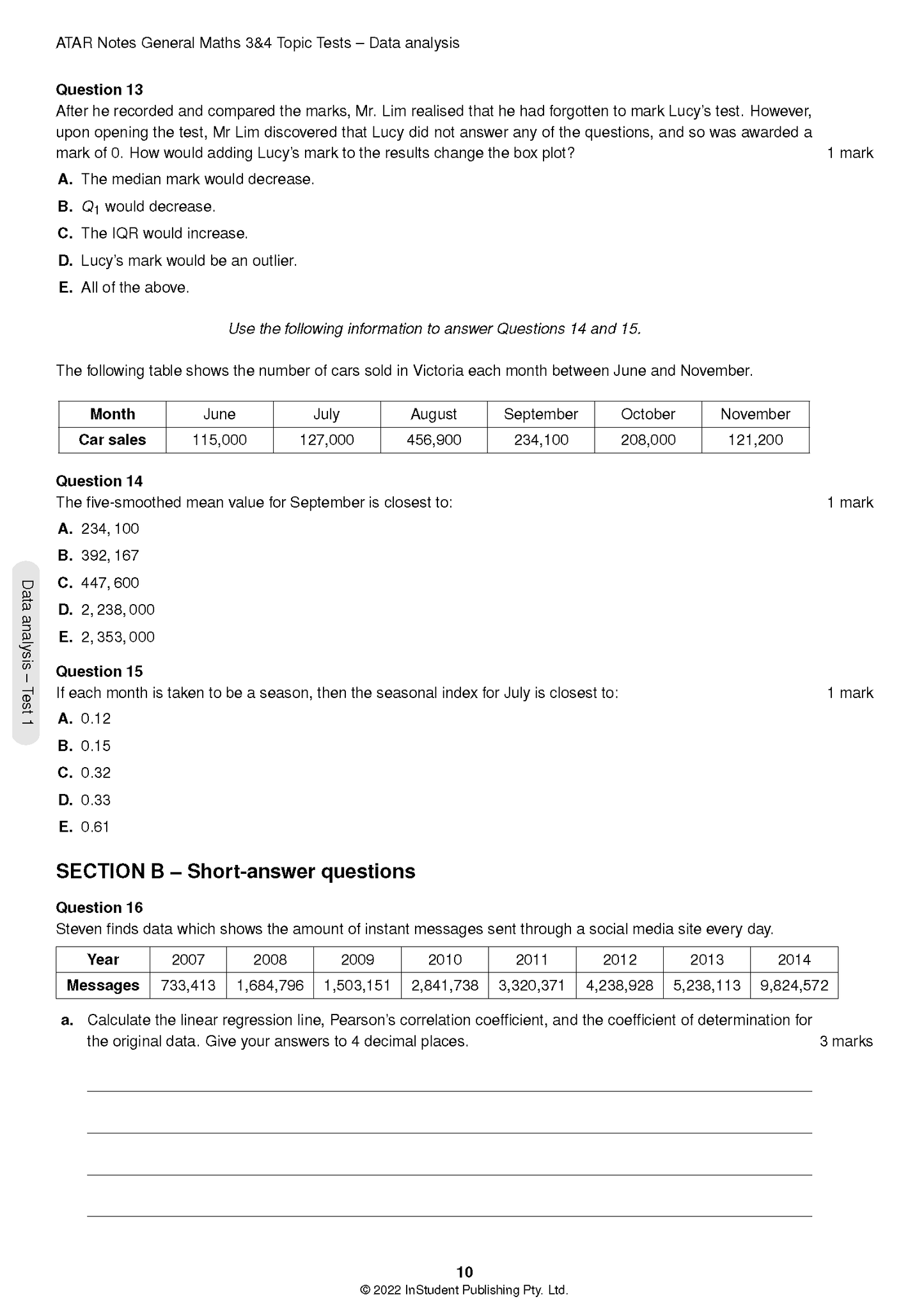 Topic Tests by ATAR Notes, a white page from the General Maths 3&4 set with data analysis questions and tables.