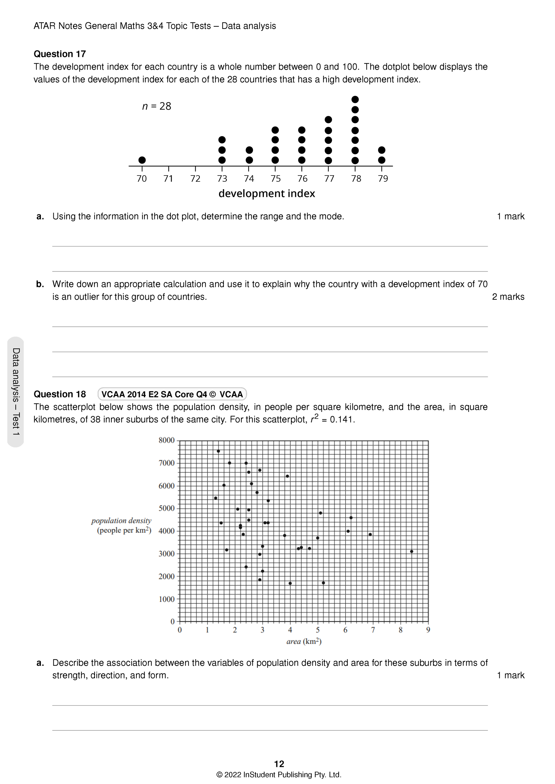 General Maths 3&4 Topic Tests from ATAR Notes, a white page showing data analysis questions with a dot plot and scatter plot.
