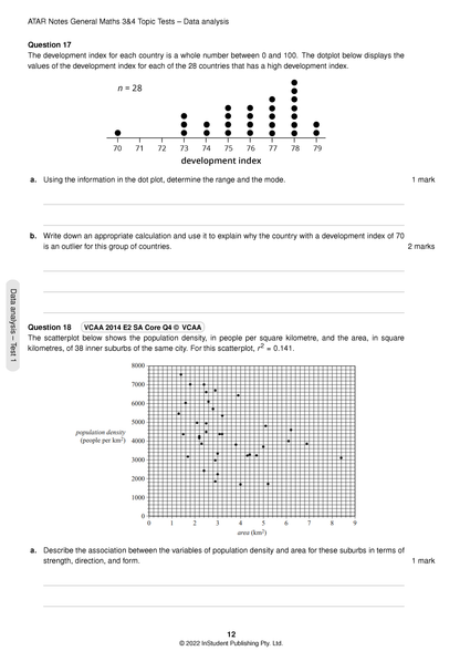 General Maths 3&4 Topic Tests from ATAR Notes, a white page showing data analysis questions with a dot plot and scatter plot.