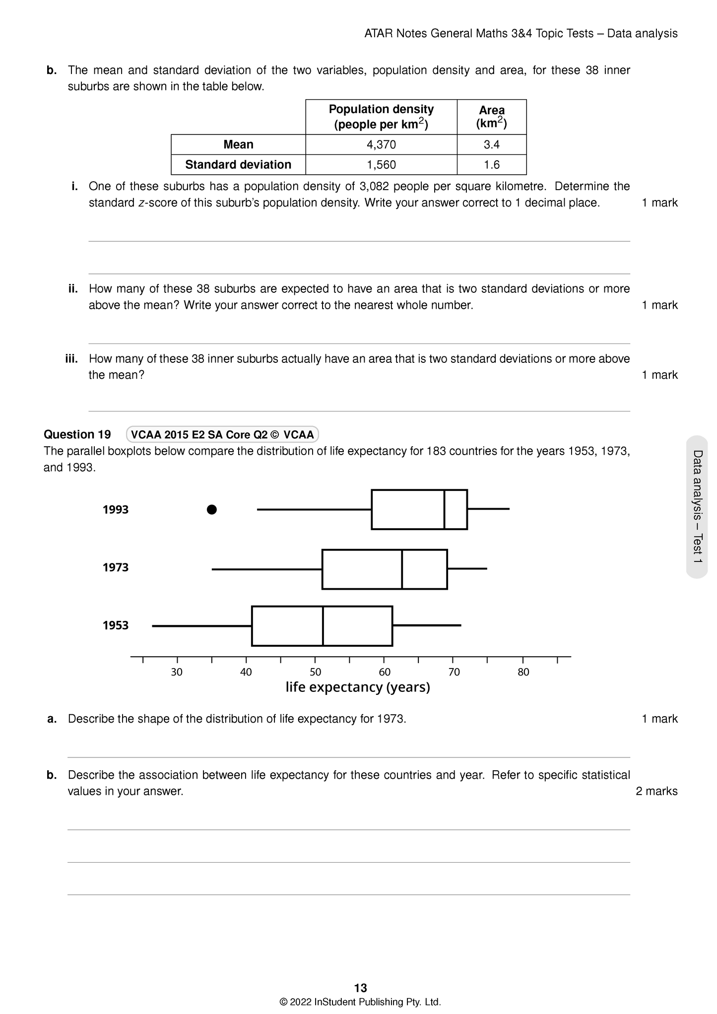 Printed Topic Tests booklet page by ATAR Notes showing data analysis questions with tables and boxplots.