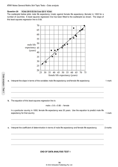 VCE General Maths 3&4 Topic Tests (2024-2026) by ATAR Notes, a white page with a data analysis question showing a scatterplot and regression line.