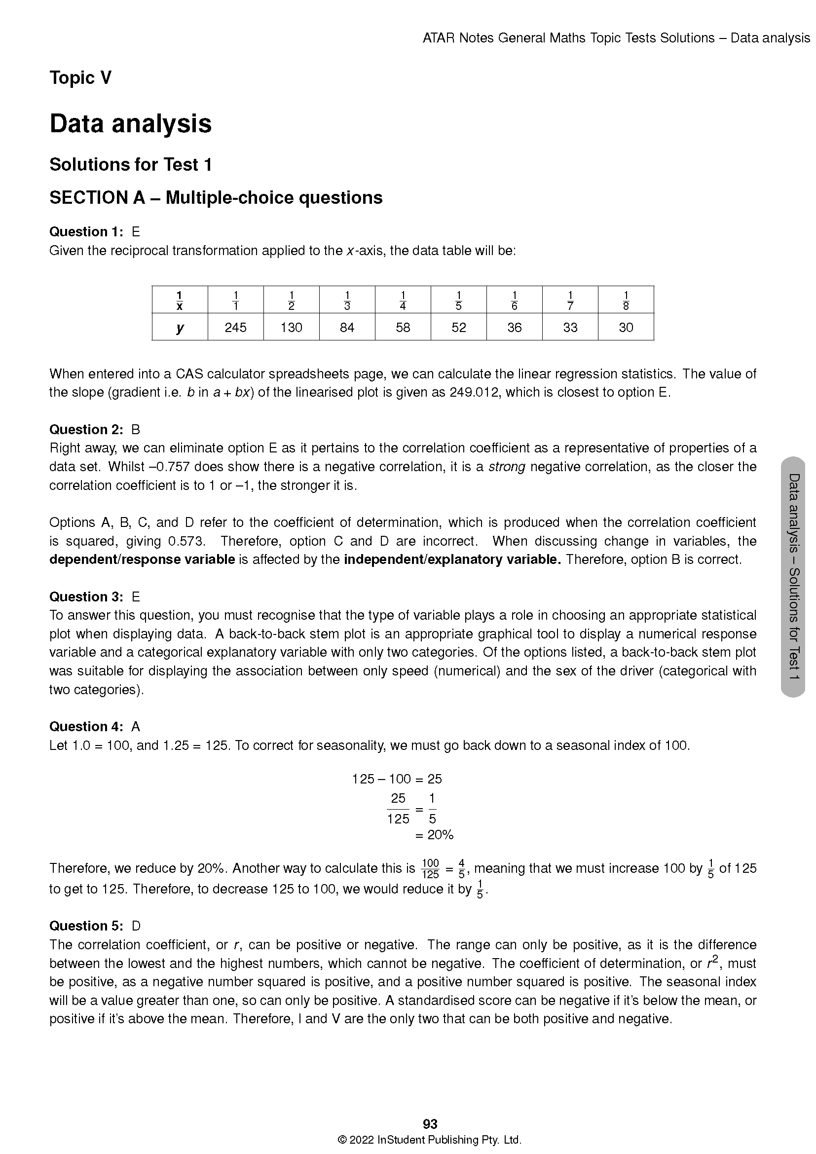 General Maths Topic Tests solutions by ATAR Notes, a page showing data analysis questions, tables, and calculations.