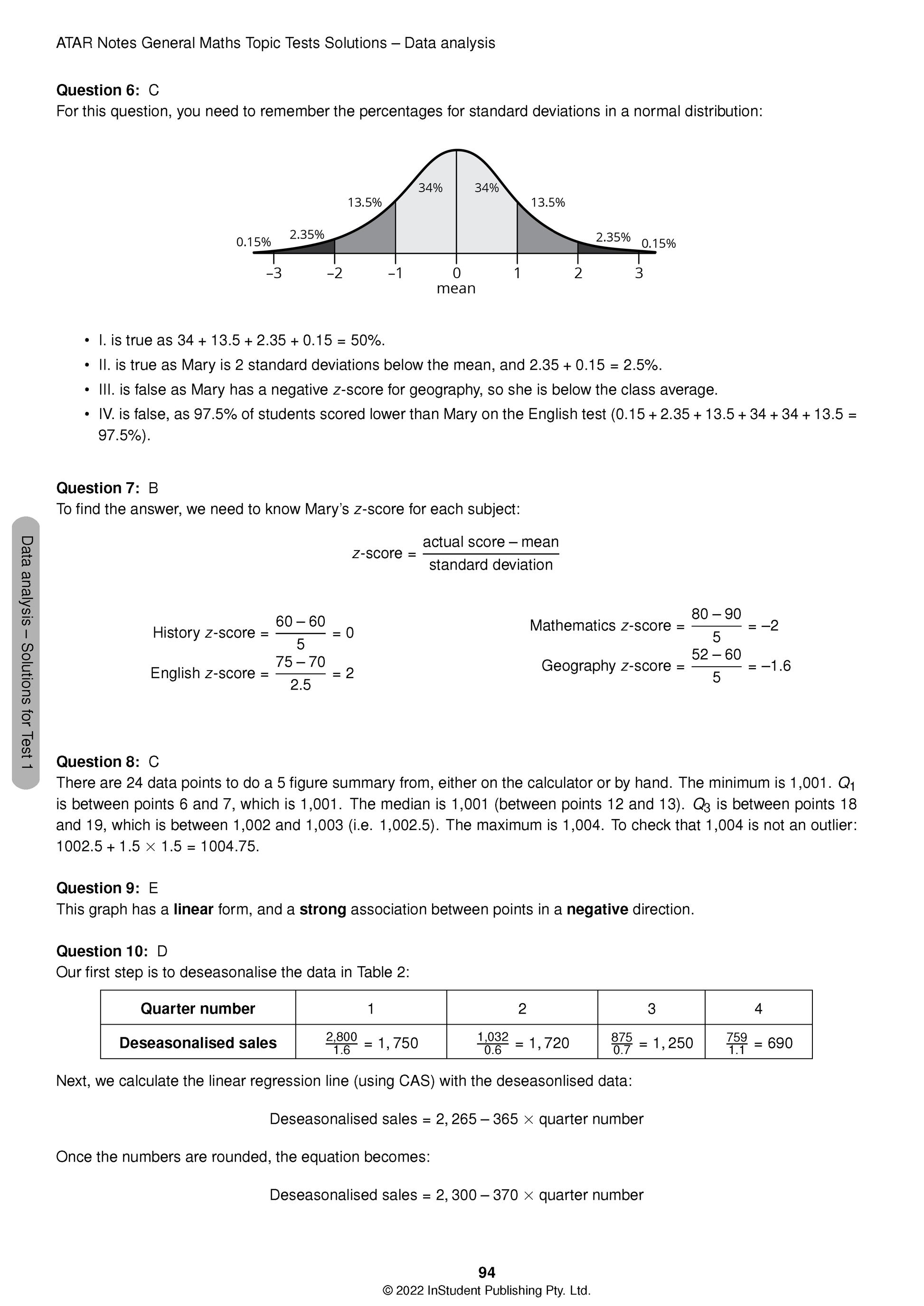 Data analysis topic test pages by ATAR Notes, showing normal distribution graphs, z-score calculations, and regression tables.