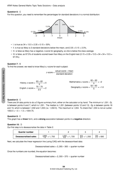 Data analysis topic test pages by ATAR Notes, showing normal distribution graphs, z-score calculations, and regression tables.
