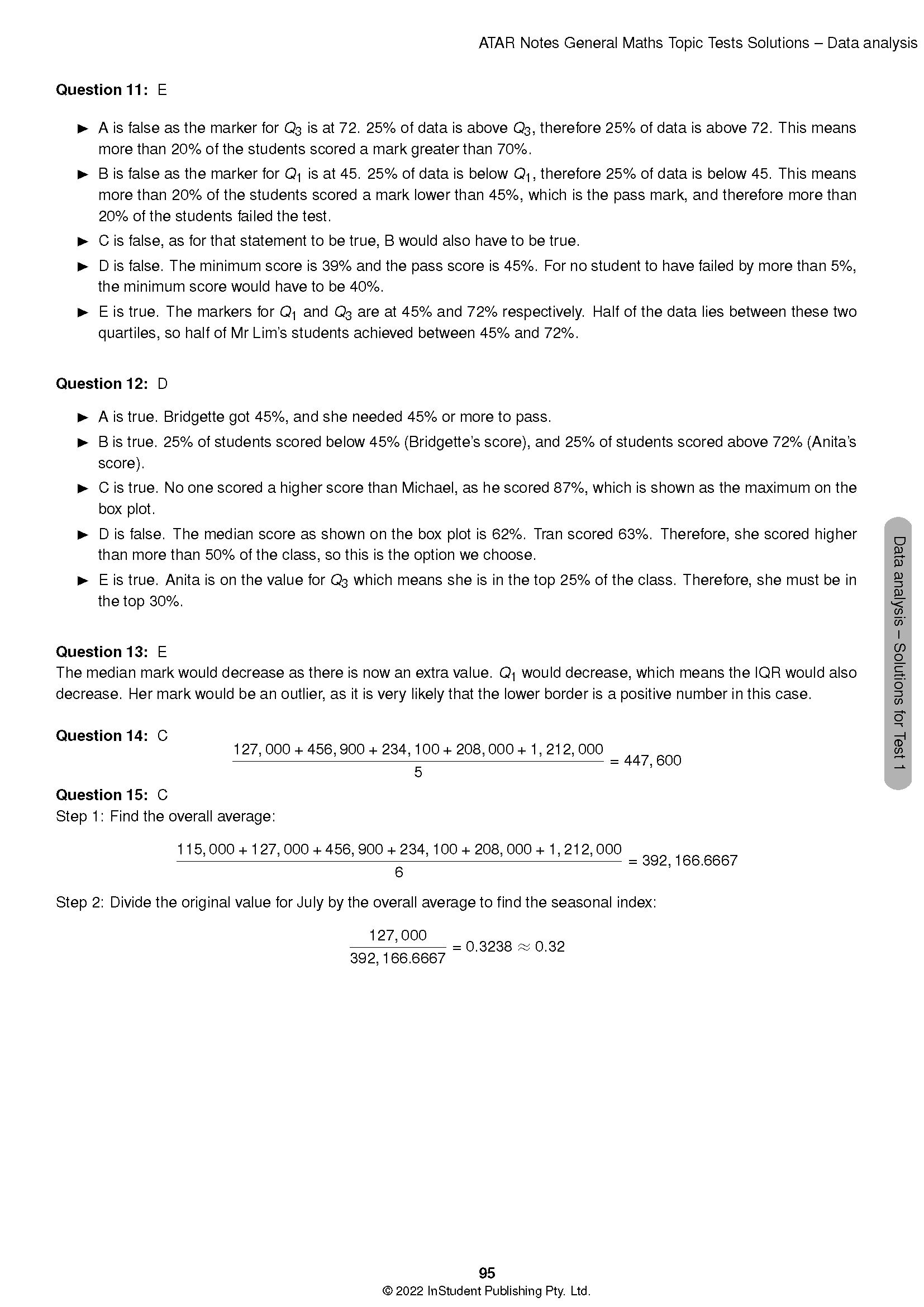 General Maths 3&4 Topic Test solutions by ATAR Notes, showing detailed answers and calculations for questions 11-15.