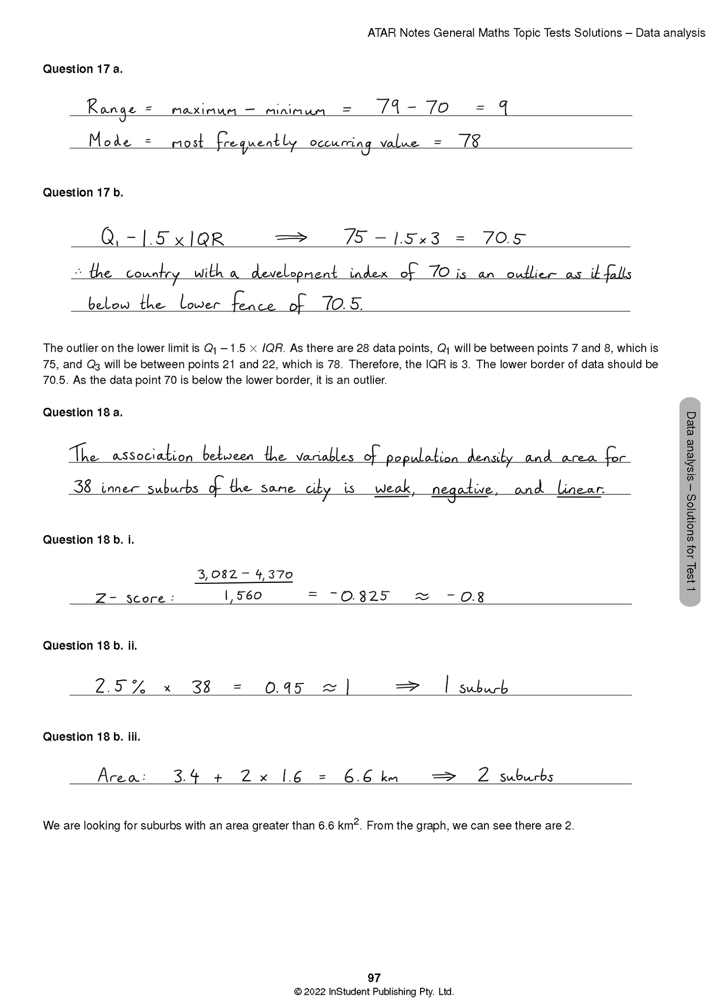 Topic Tests by ATAR Notes, a page from the solutions manual displaying handwritten answers to data analysis questions, page 97.