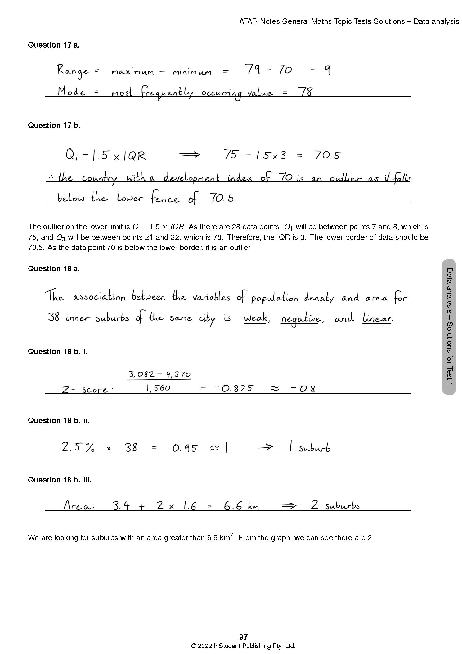 Topic Tests by ATAR Notes, a page from the solutions manual displaying handwritten answers to data analysis questions, page 97.