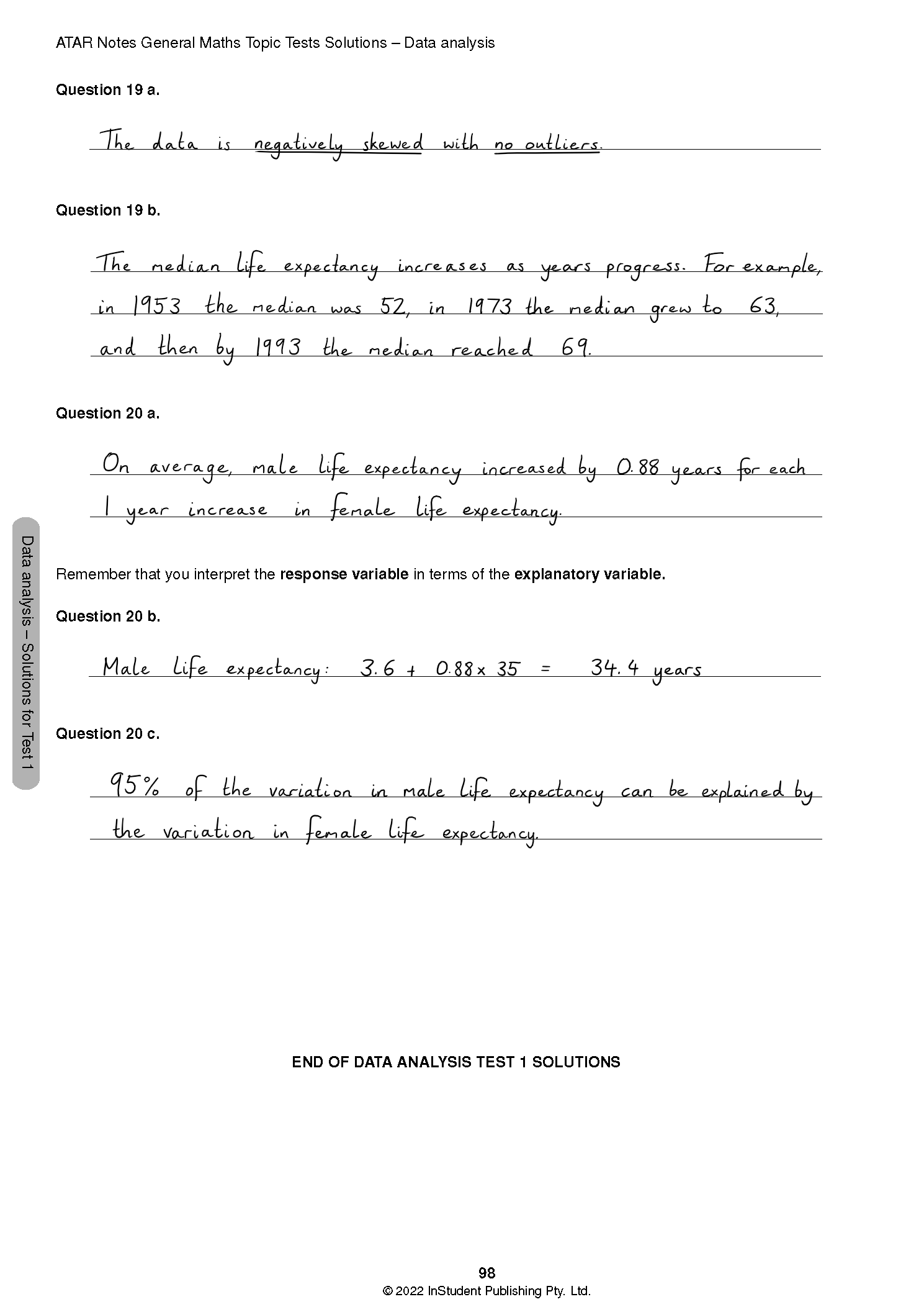 Solution page for General Maths Topic Tests by ATAR Notes, displaying handwritten answers to data analysis questions.