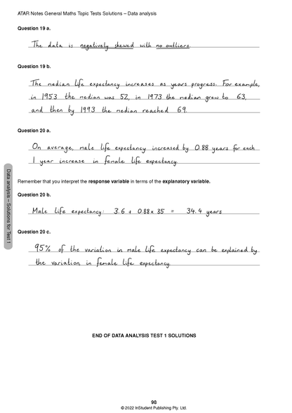 Solution page for General Maths Topic Tests by ATAR Notes, displaying handwritten answers to data analysis questions.
