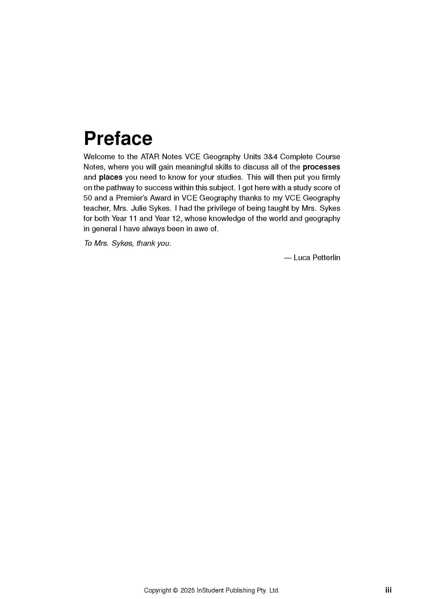 White page of course notes by ATAR Notes, featuring a bold 'Preface' title and black body text.
