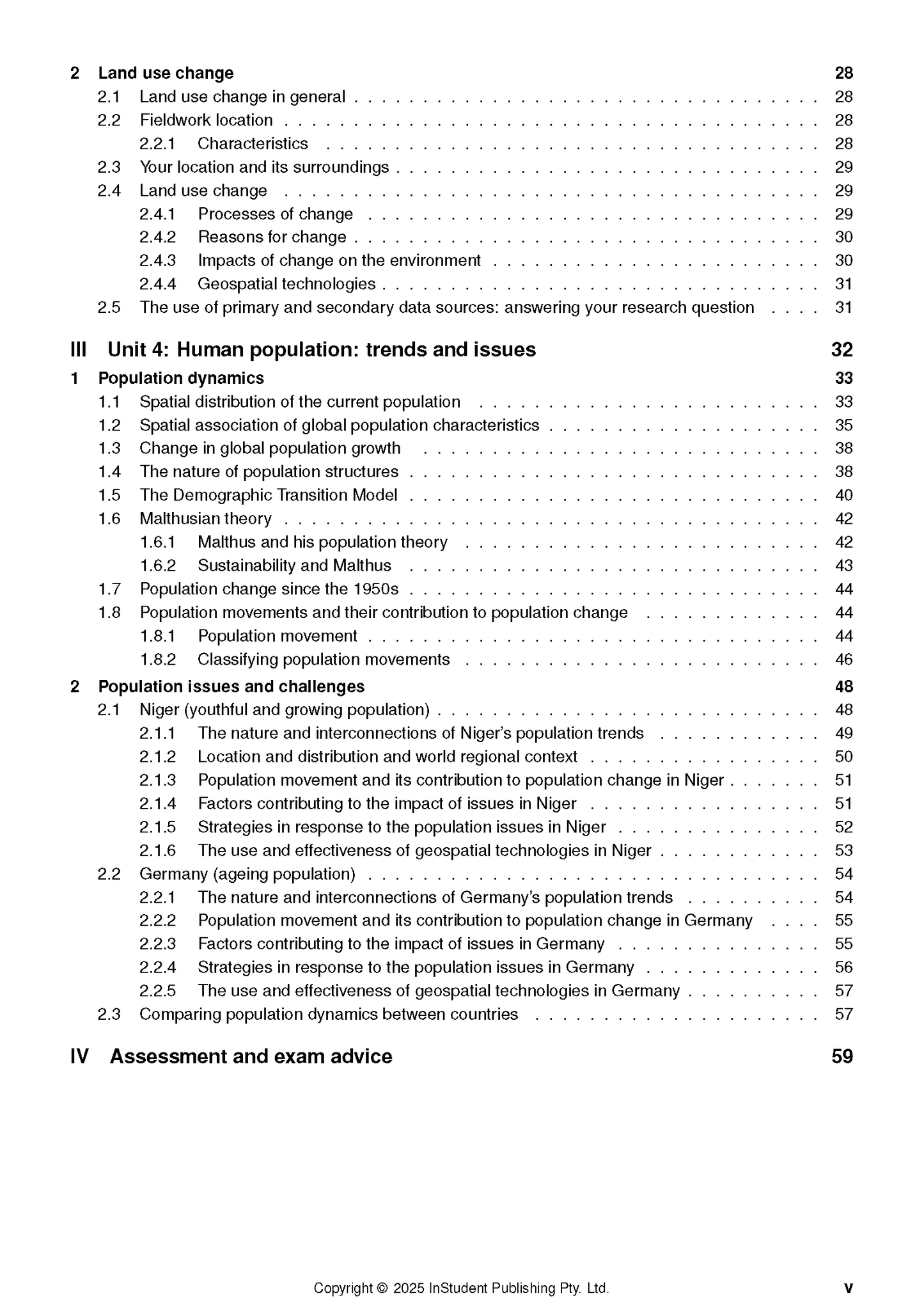 Complete Course Notes by ATAR Notes featuring a table of contents page detailing sections on land use and human population.