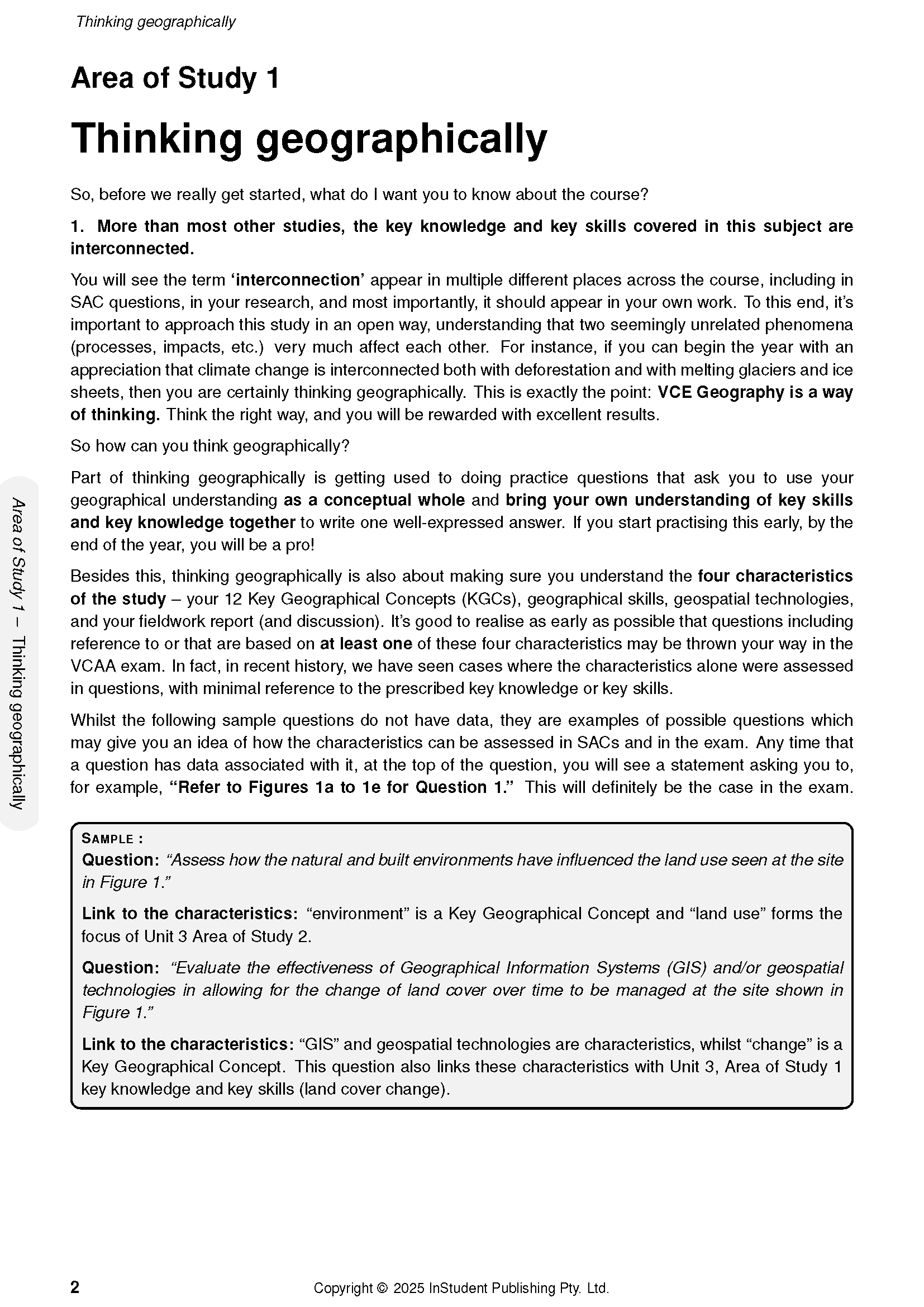 VCE Geography 3&4 Complete Course Notes by ATAR Notes, featuring a page with text and a sample questions box.