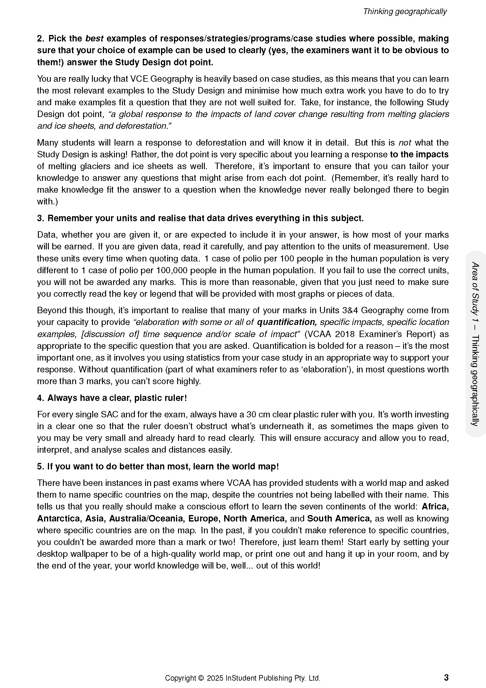 White course notes by ATAR Notes with black text, numbered points, and a "Thinking geographically" sidebar visible.