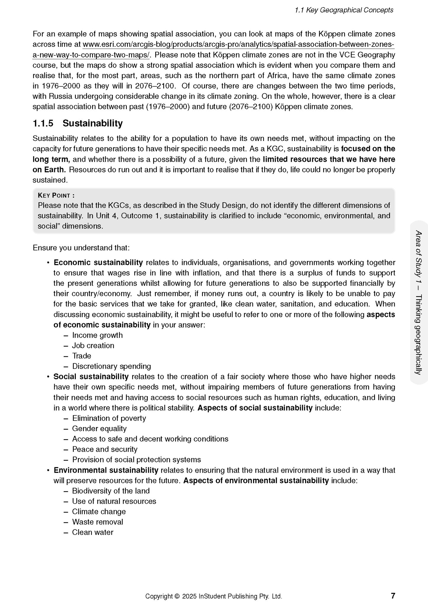 VCE Geography 3&4 Course Notes by ATAR Notes, showing a detailed page about sustainability concepts and definitions.